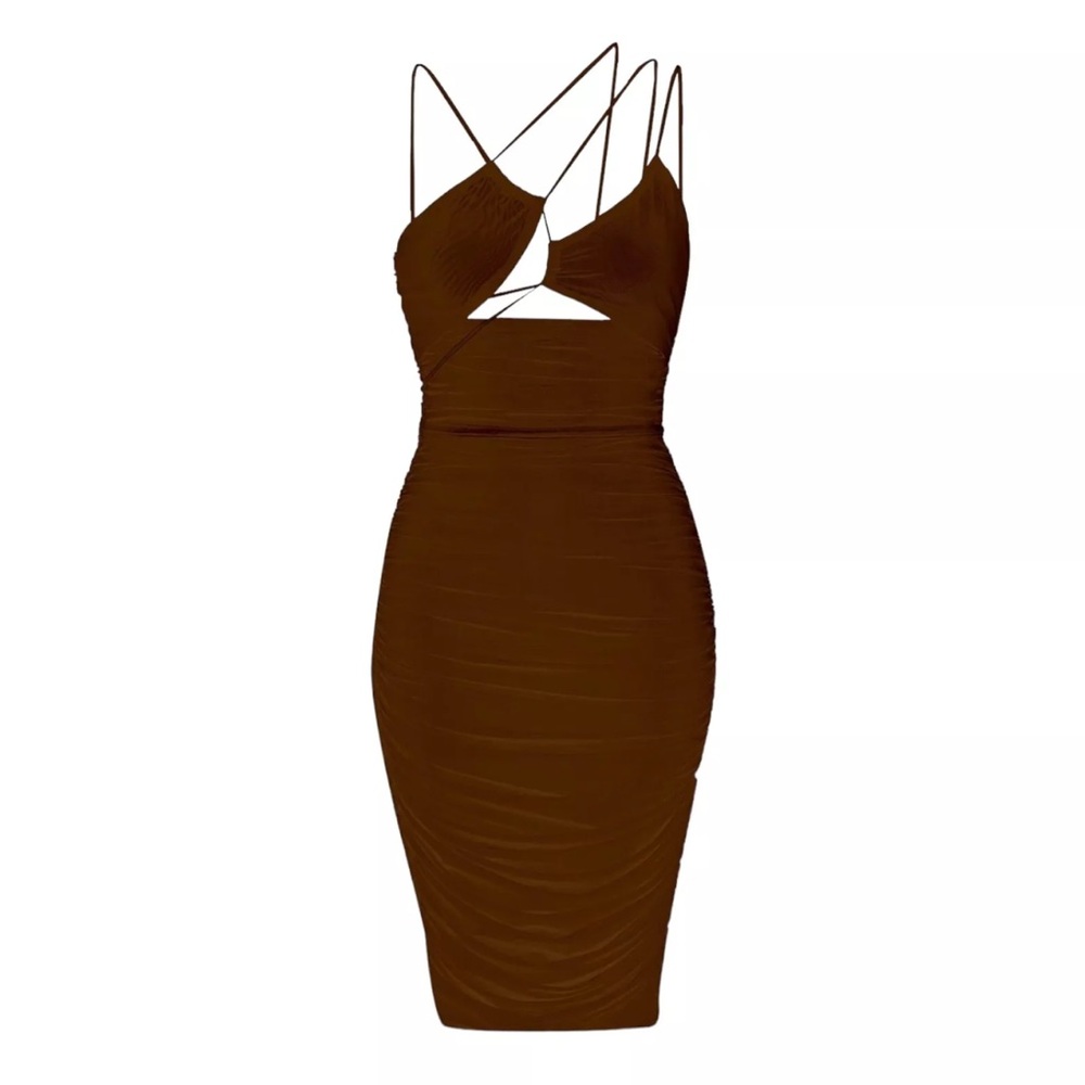 Leau Women's US S Seoul Strap Mesh Bodycon Cutout Midi Dress Brown NWT Fall